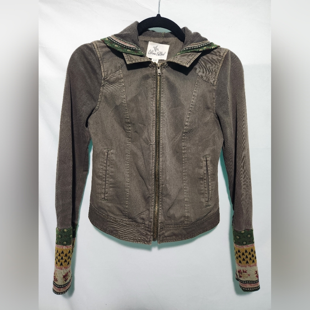 Others Follow Jean Type Jacket in Taupe Grey W Pattern Sleeves & Hood. Size XS.